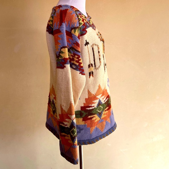 RALPH LAUREN COUNTRY 80’s HandKnit Native American Leather Whip Stitch Sweater M - Picture 9 of 14